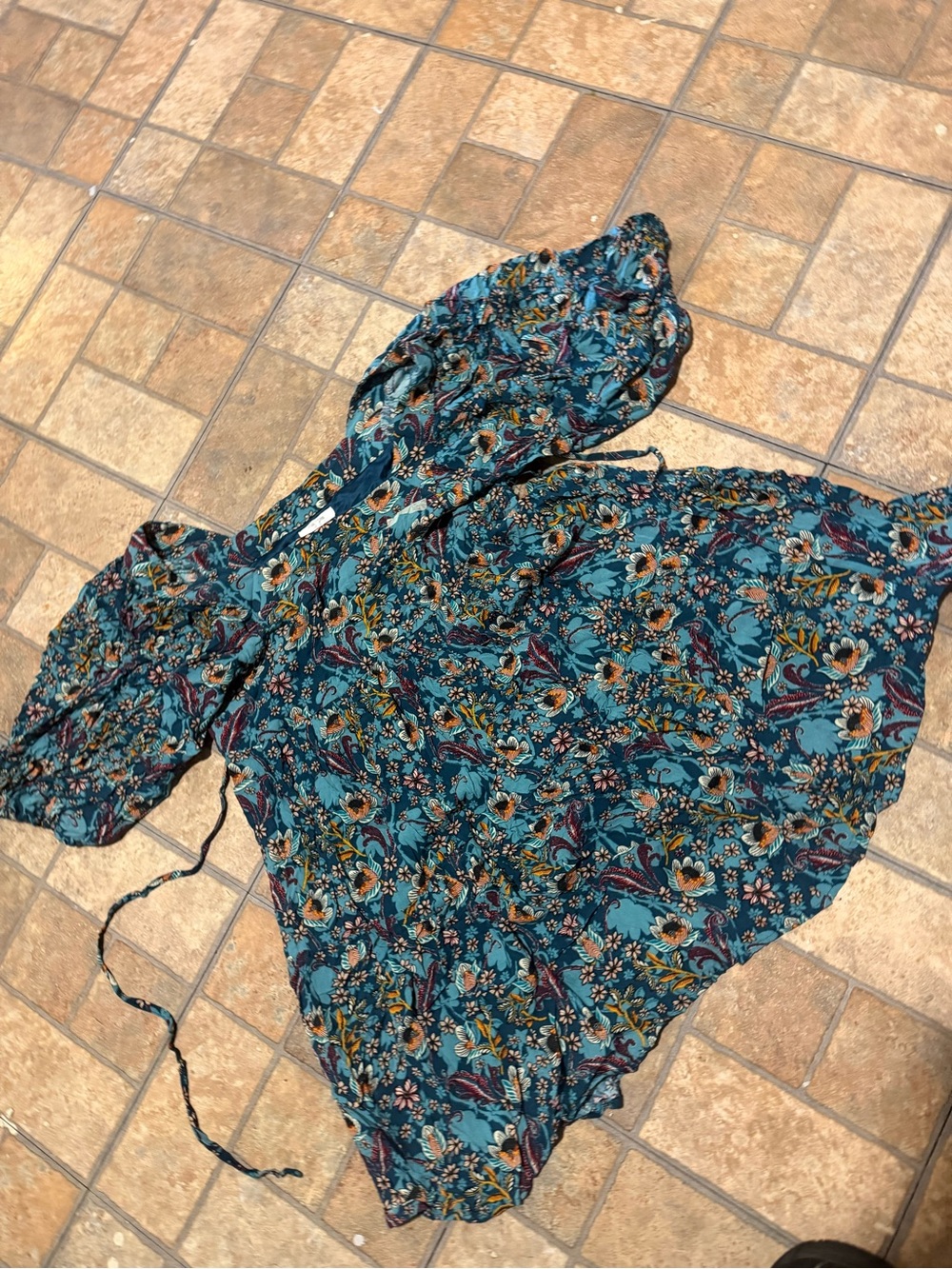 Floral Teal Puff-Sleeve Women's Blouse